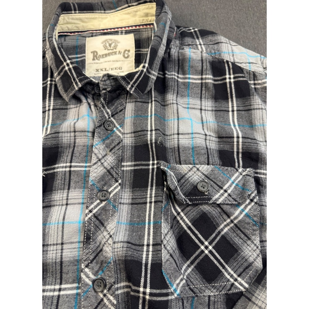 Roebuck & Co. XXL Flannel Shirt Plaid Button Up Long Sleeve Black‎ Gray Mens
